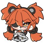  1girl ahoge animal_ear_hairband animal_ears asymmetrical_gloves bear_ear_hairband bear_ears blush bright_pupils chibi chibi_only commentary_request crop_top elbow_gloves eyepatch fake_animal_ears fang flame_print full_body gloves hair_between_eyes hair_ornament hairband hands_on_own_hips highres jumpsuit jumpsuit_around_waist koleda_belobog long_hair looking_at_viewer midriff navel open_mouth pants red_eyes red_hair shinonome_nashi simple_background single_elbow_glove solo sphere_hair_ornament twintails uneven_gloves v-shaped_eyebrows white_background white_pants white_pupils zenless_zone_zero 