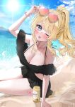  1girl absurdres arm_support arm_up armpit_crease armpits beach beer_can bikini black_bikini blonde_hair blue_sky blunt_bangs blush breasts can cleavage commission drink_can hair_ornament heart heart-shaped_eyewear high_ponytail highres indie_virtual_youtuber jewelry large_breasts long_hair looking_at_viewer midriff necklace official_art one_eye_closed ponytail sky sun sweat swimsuit thighs tongue tongue_out uwabami_momoka_(vtuber) veins veiny_breasts wavy_hair x_hair_ornament yuuyu_(moco20111115) 