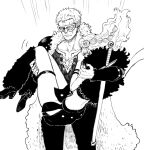  1boy 1girl arm_warmers armor boots braid cape capelet carrying closed_mouth commentary_request earrings emphasis_lines eye_mask fur-trimmed_capelet fur_cape fur_capelet fur_leg_warmers fur_trim greyscale high_heels highres jas_(jasjasjasart) jewelry leg_warmers loincloth long_hair mask monochrome motion_lines nami_(one_piece) official_alternate_costume one_eye_closed one_piece princess_carry roronoa_zoro scar scar_across_eye scar_on_face short_hair shoulder_armor shoulder_pads skirt sword sword_on_back weapon weapon_on_back 