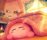  absurdres artist_name awoofy bandana_waddle_dee basket blush blush_stickers car_mouth closed_eyes closed_mouth commentary_request copy_ability curtains elfilin figure fire fireplace full_body gorimondo highres ice_kirby indoors kirby kirby_(series) kirby_and_the_forgotten_land kotatsu lens_flare light_rays lying mouthful_mode no_humans on_stomach photo_(object) picture_frame sleeping star_(symbol) sunlight suyasuyabi table twitter_username under_kotatsu under_table waddle_dee warp_star window 
