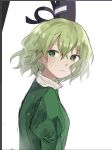  1girl bangs black_headwear closed_mouth from_side green_eyes green_hair hat juliet_sleeves kalmeyaki long_sleeves looking_at_viewer puffy_sleeves short_hair simple_background smile soga_no_tojiko solo tate_eboshi touhou upper_body white_background 