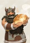  1boy absurdres arms_up beard black_hair bread brown_eyes casty_art commentary dungeon_meshi english_commentary facial_hair fake_horns food full_beard grey_background helmet highres holding holding_bread horned_helmet horns loaf_of_bread male_focus mustache photo-referenced senshi_(dungeon_meshi) solo 