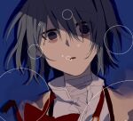  1girl aayoii_00 blue_background blue_hair bow bowtie empty_eyes highres looking_at_viewer mahou_shoujo_madoka_magica mahou_shoujo_madoka_magica_(anime) messy_hair miki_sayaka mitakihara_school_uniform red_bow red_bowtie school_uniform short_hair solo upper_body 