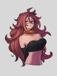  1girl android_21 bare_shoulders breasts choker cleavage collarbone dragon_ball dragon_ball_fighterz earrings glasses grey_background hair_between_eyes hoop_earrings jewelry kemachiku long_hair looking_at_viewer majin_android_21 medium_breasts navel red_eyes red_hair simple_background solo upper_body yellow_choker 