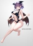  1girl aztodio bare_legs bare_shoulders barefoot bat_girl bat_wings blue_eyes bouncing_breasts breasts bright_pupils cleavage closed_mouth clothing_cutout covered_nipples full_body head_wings knees_together_feet_apart large_breasts leotard low_wings medium_hair navel navel_cutout original pointy_ears purple_hair simple_background smile solo unaligned_breasts underboob wide_hips wings 
