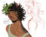  ... 1boy ? alternate_design animal_ear_piercing animal_ears antonio_leon_mars_(skcd_loen) back_hair black_hair cat_ears chest_hair cocked_eyebrow commentary cropped_arms cropped_shoulders english_commentary english_text facial_hair facial_mark fang fang_out from_side goatee green_eyes green_hair looking_at_mirror looking_at_viewer mirror mullet multicolored_hair multiple_views mustache_stubble mutton_chops original parted_lips skcd_loen sketch sketch_inset slit_pupils speech_bubble split-color_hair stubble sweatdrop tan tank_top teeth two-tone_hair upper_body wavy_ends whisker_markings white_background white_tank_top 