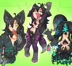 >_< 2024 animal_humanoid anus black_pubes blep blue_bra blue_claws blue_clothing blue_panties blue_star blue_stripes blue_underwear blush blush_stickers bottomwear bra bra_aside breasts canid canid_humanoid canine canine_humanoid chatoyancy claws clothed clothing clothing_around_one_leg clothing_aside digital_drawing_(artwork) digital_media_(artwork) eating eyes_closed fangs female female_humanoid food fur genitals green_background green_stripes grey_body grey_ears grey_fur grey_hair grey_inner_ear_fluff grey_tail hair hi_res holding_food holding_object humanoid humanoid_genitalia humanoid_vulva inner_ear_fluff mammal mammal_humanoid markings multiple_angles mythological_canine mythological_creature mythology navel nightcore_(chatoyancy) nipples nude nude_female nude_humanoid open_mouth panties panties_around_one_leg panties_down partially_clothed partially_hairless pattern_bottomwear pattern_bra pattern_clothing pattern_panties pattern_topwear pattern_underwear pawpads pink_anus pink_pawpads pink_stripes pink_tongue pink_vulva pubes purple_stripes simple_background solo star story story_in_description stretching striped_body striped_bottomwear striped_bra striped_clothing striped_fur striped_markings striped_panties striped_tail striped_topwear striped_underwear stripes tail tail_markings teal_stripes teeth tongue tongue_out topwear tuft underwear underwear_around_one_leg underwear_aside underwear_down vulva wardrobe_malfunction werecanid werecanine werecreature werewolf wolf_humanoid yawn yellow_eyes