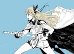  1girl akitaka_(s_asai) another_eden armor ascot asymmetrical_armor blonde_hair blue_background blunt_bangs blunt_ends breasts butterfly_hair_ornament cape drawing_sword dress fighting_stance hair_ornament hatching_(texture) hime_cut holding holding_sword holding_weapon isuka_(another_eden) limited_palette linear_hatching long_hair medium_breasts open_mouth print_ascot short_dress shoulder_armor simple_background solo sword weapon white_dress 
