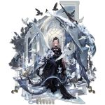  1girl absurdres altar amiya_(arknights) animal_ears arched_window architecture arknights asymmetrical_horns bird bird_wings black_dress black_headdress black_jacket black_veil bouquet brown_hair candle candlestand character_doll chimera chuzenji civilight_eterna closed_eyes closed_mouth coral dagger demon_girl demon_horns doll dove dress feathers flower flying full_body funeral_dress graveyard green_eyes hair_between_eyes hat headdress highres holding holding_bouquet holding_flower holding_sword holding_weapon horn_flower horn_ornament horns jacket jewelry knife lace-trimmed_veil lace_trim laqeramaline_(arknights) layered_dress light_smile long_dress long_hair looking_at_viewer mask material_growth multiple_rings nail_polish nezzsalem_(arknights) official_alternate_costume official_art oripathy_lesion_(arknights) pink_eyes pink_hair pink_nails puffy_sleeves rabbit_ears rabbit_girl ring see-through_clothes see-through_veil sitting solo stairs sword theresa_(arknights) theresa_(condolence)_(arknights) theresis_(arknights) third-party_source tombstone transparent_background tree uneven_horns vase veil very_long_hair weapon white_feathers white_flower window wings witch_hat 