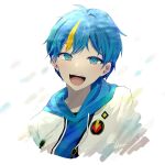 1boy blue_eyes blue_hair blush cobalt_(technoroid) dated highres looking_at_viewer male_focus multicolored_eyes multicolored_hair open_mouth orange_eyes pink_eyes shenaa short_hair signature smile solo technoroid white_background 