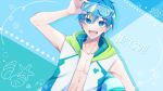  1boy blue_background blue_eyes blue_hair cobalt_(technoroid) goggles goggles_on_head highres light_blue_background looking_at_viewer male_focus male_swimwear multicolored_background multicolored_hair open_clothes open_mouth orange_hair shenaa short_hair solo technoroid 