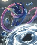  2025 acecore2k afterimage blue_skin closed_eyes colored_sclera colored_skin commentary creature creature_focus english_commentary froakie frog frogadier greninja highres hydrokinesis kuji-in long_tongue motion_blur night ninja no_humans pokemon pokemon_(creature) pokemon_focus red_eyes throwing tongue tongue_scarf very_long_tongue water webbed_feet webbed_hands yellow_sclera 
