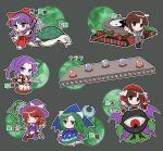  4girls bloodshot_eyes blue_capelet bow braid brown_eyes brown_hair capelet character_name chibi chibi_only commentary_request crescent_print dress evil_eye_sigma ex-rika eyeball flower_tank_(touhou) frills genjii_(touhou) ghost_tail gohei green_eyes green_hair hair_bow hair_ribbon hair_tubes hakama hakama_pants hakurei_reimu hakurei_reimu_(pc-98) hat hat_bow highres holding japanese_clothes katana kimono kirisame_marisa kirisame_marisa_(pc-98) long_hair long_sleeves meira_(touhou) miko military_vehicle mima_(touhou) mirei_(miirei) motor_vehicle multiple_girls pants ponytail purple_dress purple_eyes purple_hair purple_hat purple_wings red_bow red_eyes red_hair ribbon rika_(touhou) shirt short_hair skirt smile staff star_(symbol) star_print story_of_eastern_wonderland sun_print sun_symbol sword tank the_5_magic_stones_(touhou) touhou touhou_(pc-98) translated turtle twin_braids wand weapon wings witch_hat wizard_hat 