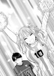  1boy 1girl 2022 :| arms_up bangs blunt_bangs blush breasts butterfly_hair_ornament cheering cheerleader closed_eyes closed_mouth dutch_angle embarrassed frown full-face_blush go-toubun_no_hanayome hair_ornament highres kosmos_beta large_breasts looking_at_another medium_hair monochrome nakano_nino open_mouth pom_pom_(cheerleading) portuguese_commentary shirt short_hair short_sleeves sidelocks simple_background sweatdrop two_side_up uesugi_fuutarou v-shaped_eyebrows white_background world_cup 