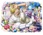 1boy ascot blonde_hair blue_flower cigarette flower hair_over_one_eye official_art one_piece one_piece_treasure_cruise open_mouth pastry_bag sanji_(one_piece) teeth white_ascot 