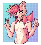  anthro astralupus canid canine choker dhole fur gesture girly gum_(new_incognito_tab) hair jewelry male mammal necklace nipples pink_body pink_fur pink_hair shirtless solo v_sign 