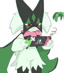 2025 ambiguous_gender anthro claws felid feline fur gaming generation_9_pokemon green_body green_fur green_hair hair handheld_console holding_handheld_game_console holding_object mammal meowscarada nintendo nintendo_switch playing_video_game pokemon pokemon_(species) red_eyes simple_background solo tail ylit