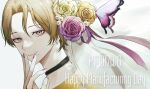  1boy blonde_hair brown_eyes bug butterfly character_name choker closed_mouth flower hair_flower hair_ornament happy_birthday jasu lana_(technoroid) looking_at_viewer male_focus mole mole_under_eye nail_polish pink_nails smile solo technoroid white_background 