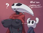 2025 ambiguous_gender anthro arthropod azura_inalis black_body black_eyes breasts cloak clothing duo english_text female frieren_looking_up hi_res hollow_knight_(franchise) horn hornet_(hollow_knight) question_mark red_cloak red_clothing team_cherry text the_knight_(hollow_knight) vessel_(species)