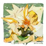  1boy absurdres arcanine arm_up black_shirt blue_oak border brown_eyes brown_hair collared_shirt commentary dated fiy1827565 green_shorts highres indian_style looking_to_the_side male_focus open_collar pokemon pokemon_(creature) pokemon_sm shirt short_sleeves shorts sitting smile spiked_hair symbol-only_commentary tongue tongue_out unworn_eyewear white_border 