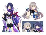  2girls ahoge bangs bare_shoulders black_shorts bronya_rand closed_mouth dress earrings grey_eyes grey_hair honkai:_star_rail honkai_(series) jewelry long_hair multiple_girls multiple_views natsuki_(2917) purple_dress purple_eyes purple_hair purple_sleeves seele_(honkai:_star_rail) shorts simple_background single_sleeve white_background white_dress 