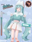  1girl absurdres aqua_background aqua_eyes aqua_hair aqua_jacket aqua_sweater cropped_jacket double-parted_bangs double_v english_text feet_out_of_frame gun handgun hat hat_with_ears hatsune_miku highres jacket korean_text long_hair long_sleeves micfile midriff multicolored_sweater patterned_background pppp_(vocaloid) score skirt sleeves_past_wrists solo song_name star_(symbol) star_symbol_background sweater translation_request v very_long_hair vocaloid weapon white_skirt 