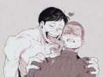  2boys blood blood_on_hands closed_eyes hand_on_another's_shoulder heart highres intruder_(no_i'm_not_a_human) leaning_on_person licking licking_another's_face male_focus monochrome multiple_boys no_i'm_not_a_human norasame_(dagako) open_mouth partially_shaded_face protagonist_(no_i'm_not_a_human) saliva shaved_head smile sweat sweater tall_male topless_male turtleneck turtleneck_sweater upper_body yaoi 