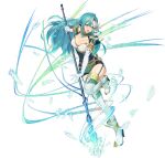  aqua_hair bangs boots breasts chloe_(fire_emblem) cleavage elbow_gloves feathers fire_emblem fire_emblem_engage fire_emblem_heroes garter_straps gloves green_eyes holding holding_polearm holding_weapon large_breasts long_hair parted_lips polearm thigh_boots thighs weapon white_gloves 