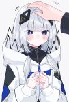  1boy 1girl blue_eyes blush cevio closed_mouth flying_sweatdrops grey_hair hair_ornament headpat highres hood hood_down hooded_jacket jacket kafu_(cevio) kamitsubaki_studio long_hair motion_lines own_hands_together simple_background solo_focus tori_(tori_nankotsu96) twintails upper_body wavy_mouth white_background white_jacket 