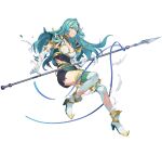  1girl aqua_hair armor bangs bare_shoulders braid breastplate breasts chloe_(fire_emblem) cleavage covered_navel duplicate elbow_gloves fire_emblem fire_emblem_engage fire_emblem_heroes garter_straps gloves green_eyes holding holding_polearm holding_weapon lance large_breasts long_hair non-web_source official_art pegasus_knight_uniform_(fire_emblem) pixel-perfect_duplicate polearm shoulder_armor side_braid single_braid skin_tight smile solo torn_clothes very_long_hair weapon white_gloves 