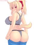  1girl animal_ears bangs bare_arms bare_shoulders blonde_hair blue_pants blush breasts cat_ears cat_girl cat_tail commentary english_commentary from_behind grey_sports_bra hair_ornament highres large_breasts long_hair looking_at_viewer looking_back nottytiffy original pants parted_lips patreon_username ponytail red_eyes simple_background solo sports_bra tail tiffy_(nottytiffy) white_background 