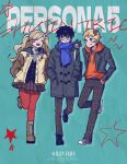  1girl 2boys :3 amamiya_ren animal_on_shoulder aqua_background black-framed_eyewear black_bag black_cat black_coat black_hair black_jacket black_shoes blonde_hair blue_scarf blush boots brown_boots cat character_name closed_eyes closed_mouth coat commentary copyright_name dated ddunnaaaaa drawn_star drop_shadow english_commentary full_body glasses hands_in_pockets highres hood hooded_jacket hoodie jacket long_hair long_sleeves morgana_(cat)_(persona_5) morgana_(persona_5) multiple_boys notice_lines open_clothes open_jacket open_mouth orange_hoodie pants pantyhose persona persona_5 plaid_clothes plaid_pants plaid_skirt pleated_skirt red_pantyhose sakamoto_ryuuji scarf school_uniform shoes short_hair shuujin_academy_school_uniform skirt smile standing standing_on_one_leg star_(symbol) takamaki_anne tuxedo_cat twintails winter_clothes 