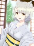  1girl :d animal_ear_fluff animal_ears blurry blurry_background braid breasts commentary_request depth_of_field fang grey_hair grey_kimono highres indoors japanese_clothes kimono long_sleeves looking_at_viewer mio_(xenoblade) obi sash short_hair small_breasts smile snow solo tree upper_body wide_sleeves xenoblade_chronicles_(series) xenoblade_chronicles_3 yato_sinoalice yellow_eyes 