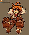  2023 5_toes ahoge anthro armor boots brown_background brown_eyes brown_nails canid canine canis clothed clothing colored_nails dog_knight_rpg domestic_dog feet female foot_focus footwear fur grin hair hi_res humanoid_feet inner_ear_fluff looking_at_viewer maci_(ceehaz) mammal nails orange_body orange_fur orange_hair pawpads plantigrade pomeranian reathroch short_hair simple_background sitting smile soles solo spitz stirrup_footwear text toes tuft url 