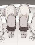2024 ambiguous_gender anthro bottomwear bulge canid canine canis clothing domestic_cat domestic_dog felid feline felis inside male mammal manmosu_marimo monochrome navel nipple_piercing nipples piercing shirt_over_face shorts standing