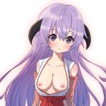  1girl :o blush breasts breasts_out cleavage detached_sleeves hanyuu highres higurashi_no_naku_koro_ni horns japanese_clothes kimono large_breasts long_hair looking_at_viewer miko mophe nipples open_clothes open_kimono purple_eyes purple_hair simple_background solo very_long_hair white_background 