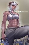  1girl abs ayaki_d blue_eyes elf exercise horns jewelry kettlebell long_braid long_hair muscular muscular_female necklace original pants pointy_ears procreate_(medium) sarashi solo sweat sweatpants toned white_hair 