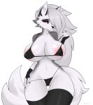  anthro areola barely_visible_genitalia big_breasts breasts canid canid_demon clothed clothing demon female fiamourr genitals hellhound helluva_boss hi_res legwear looking_at_viewer loona_(helluva_boss) mammal red_eyes simple_background solo underwear white_background white_body 
