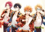  4boys akehoshi_subaru armlet bangs bangs_pinned_back belt black_gloves black_hair black_pants blonde_hair blue-framed_eyewear blue_belt blue_eyes closed_mouth commentary ensemble_stars! epaulettes fingerless_gloves glasses gloves green_belt green_eyes hair_between_eyes hair_ornament hairclip hidaka_hokuto high_collar isara_mao jacket jewelry layered_clothes long_sleeves male_focus multiple_boys necklace open_clothes open_jacket open_mouth orange_belt orange_hair pants purple_belt purple_hair seuga shirt short_hair single_glove star_(symbol) teeth trickstar_(ensemble_stars!) upper_teeth_only white_shirt yuuki_makoto_(ensemble_stars!) 