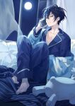  1boy bangs barefoot black_hair blue_cardigan blue_pajamas cardigan cellphone closed_mouth collarbone commentary crossed_legs curtains ensemble_stars! hair_between_eyes holding holding_phone knees_up lapels long_sleeves male_focus moon pajamas phone pillow red_eyes sakuma_ritsu seuga sitting smartphone solo striped stuffed_animal stuffed_toy talking_on_phone window 