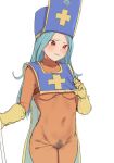  1girl aqua_hair azuse_neko blush bodysuit breast_curtains breasts commentary_request dragon_quest dragon_quest_iii female_pubic_hair gloves hat long_hair medium_breasts mitre no_panties orange_bodysuit priest_(dq3) pubic_hair red_eyes see-through simple_background sketch solo tabard very_long_hair white_background yellow_gloves 