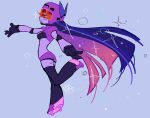  1girl american_football_uniform ass black_gloves blue_eyes blue_hair blunt_bangs bow breasts circle colored_inner_hair cowvinz crop_top english_commentary english_text gloves grey_background hair_bow highres large_breasts long_hair midriff multicolored_hair navel panty_&amp;_stocking_with_garterbelt pink_hair purple_hair shoes short_shorts shorts shrug_(clothing) signature solo sports_bra sportswear star_(symbol) stocking_(psg) stomach thighhighs two-tone_hair 
