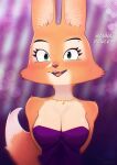  anthro blush breasts canid canine clothing diane_foxington dreamworks dress english_text eyebrow_piercing facial_piercing fangs female fox fur hi_res jewelry looking_at_viewer mammal multicolored_body multicolored_fur necklace omeki open_mouth orange_body orange_fur piercing solo tail teeth text the_bad_guys 