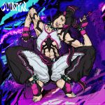  abstract_background artist_name baggy_pants bracelet candy capcom drill_hair feet food han_juri highres jewelry leggings lollipop looking_at_viewer mma_gloves muscular muscular_female nail_polish non-web_source pants self_upload skin_tight spiked_bracelet spikes squatting street_fighter street_fighter_6 thick_thighs thighs twin_drills 
