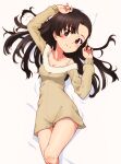  1girl arms_up asymmetrical_bangs bangs bed_sheet black_eyes black_hair blush bra_strap brown_dress closed_mouth commentary dakimakura_(medium) dress from_above girls_und_panzer kayabakoro long_hair looking_at_viewer lying nightgown nishi_kinuyo on_back on_bed sleepwear smile solo 