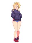  1girl absurdres bandaid bandaid_on_knee bandaid_on_leg bangs blonde_hair blue_eyes blue_shorts blush braid dolphin_shorts english_commentary full_body highres hood hood_down hoodie looking_at_viewer multiple_piercings one_eye_closed open_mouth original pointy_ears ronindude sassy_(ronindude) shoes short_braid shorts simple_background sleeves_past_wrists smile sneakers solo standing teeth tongue twin_braids upper_teeth_only white_background 