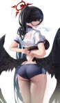  1girl ass bangs black_bra black_hair black_wings blue_archive blue_buruma blue_sky bra breasts buruma closed_mouth clothes_lift cloud day feathered_wings from_behind gym_uniform halo hasumi_(blue_archive) hasumi_(gym_uniform)_(blue_archive) highres large_breasts large_wings leviathan_(hikinito0902) long_bangs long_hair looking_at_viewer looking_back low_wings mole mole_under_eye official_alternate_costume ponytail profile red_eyes removing_bra see-through see-through_shirt shirt shirt_lift short_sleeves sky solo sweat underbutt underwear white_background white_shirt wings 