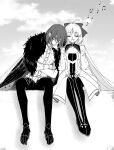  1boy 1girl ahoge artoria_caster_(fate) artoria_caster_(final_ascension)_(fate) artoria_pendragon_(fate) beamed_eighth_notes blaulilie110 boots bow breasts cape cleavage cleavage_cutout clothing_cutout commentary_request crossed_arms dragonfly_wings dress eighth_note facial_mark fate/grand_order fate_(series) forehead_mark fur-trimmed_cape fur_trim greyscale hair_bow head_on_another's_shoulder highres long_hair medium_breasts medium_dress monochrome musical_note oberon_(fate) oberon_(third_ascension)_(fate) open_mouth quarter_note sitting sleeping smile thigh_boots very_long_hair 