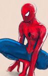  1boy bodysuit brown_background deka_(deka_4242) highres looking_down male_focus marvel mask red_bodysuit solo spider-man spider-man_(series) spider_web_print squatting superhero 