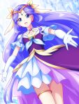  1girl blue_background blue_eyes blurry blurry_background bracelet collarbone cure_earth dress dutch_angle earrings elbow_gloves fuurin_asumi gloves gradient_background head_wings healin&#039;_good_precure heart highres jewelry looking_at_viewer mimimix open_mouth precure purple_dress purple_hair tiara white_gloves 